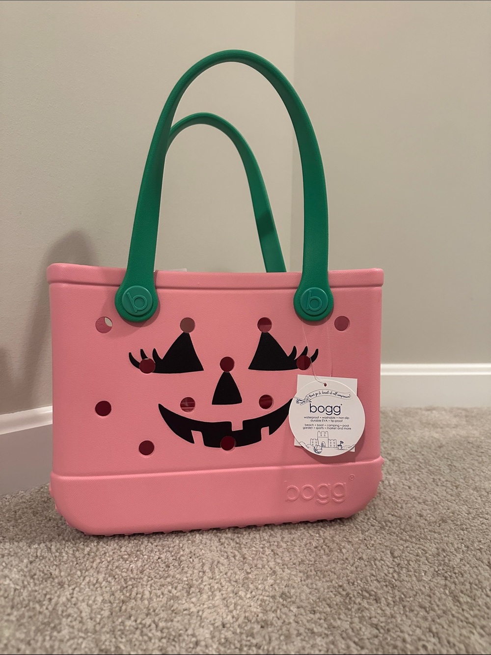 NWT Bitty Bogg Bag Pink Jack-O'-Lantern Tote with Green Handles